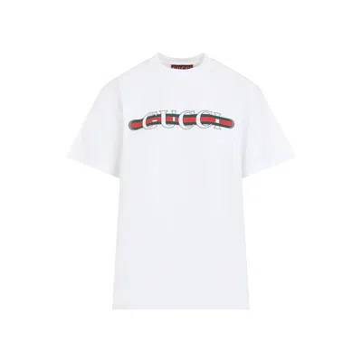 Gucci Women White Crewneck T-shirt Wth Web Print With Logo Lettering On The Front In Cotton Woman