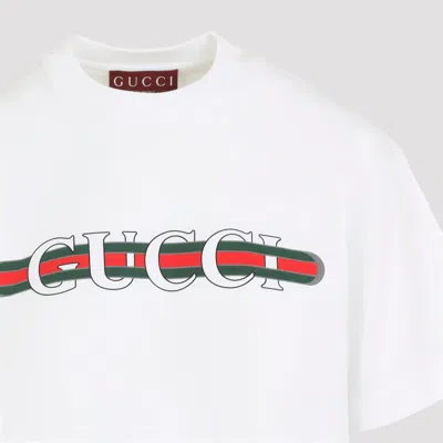 Gucci Women White Crewneck T-shirt Wth Web Print With Logo Lettering On The Front In Cotton Woman
