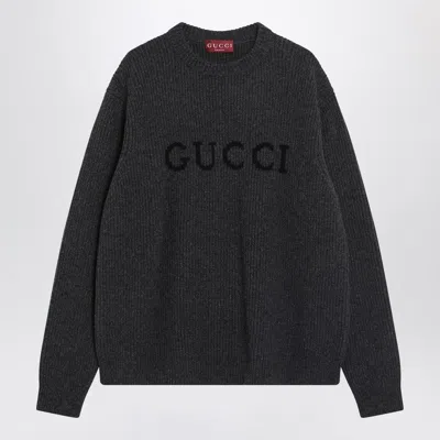 Gucci Grey Crewneck Sweater With Logo Lettering Embroidery On The Front In Wool Man In Gray