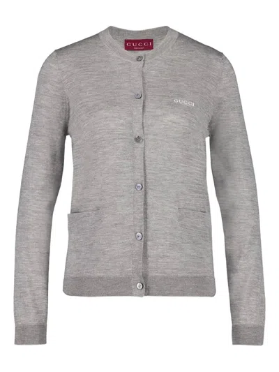 Gucci Grey Cardigan With Round Neck And Logo Lettering Embroidery On The Front In Cashmere And Silk Woman In Gray