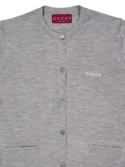 Gucci Grey Cardigan With Round Neck And Logo Lettering Embroidery On The Front In Cashmere And Silk Woman In Gray