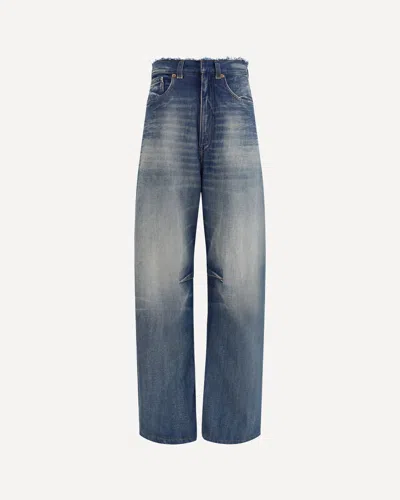 Mm6 Maison Margiela High-waisted Wide Leg Jeans With Frayed Waistband In Blue