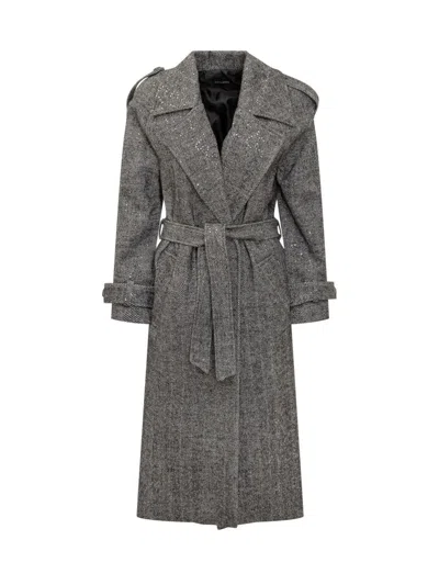 Actualee Herringbone Sequin-embellished Trench Coat In Gray