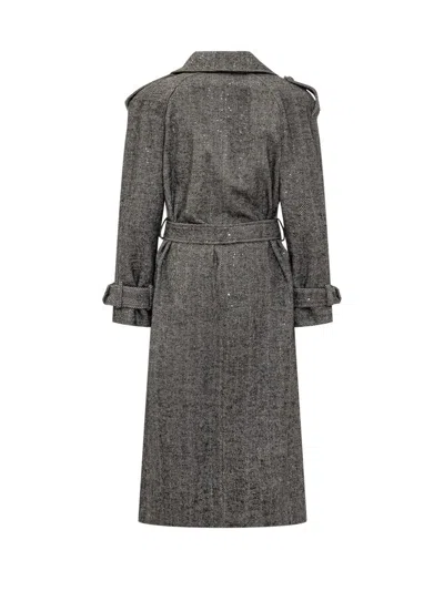 Actualee Herringbone Sequin-embellished Trench Coat In Gray