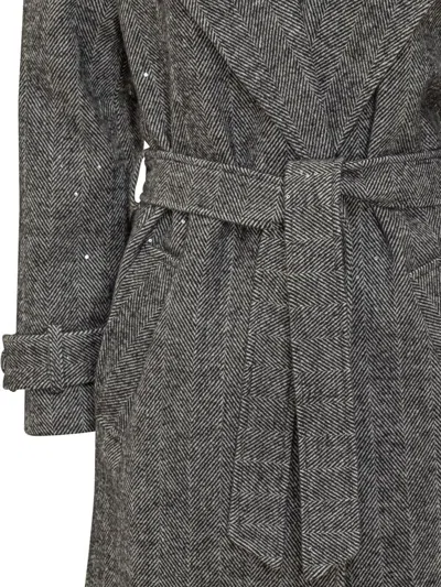 Actualee Herringbone Sequin-embellished Trench Coat In Gray