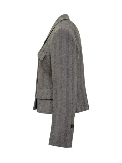 Ferragamo Grey Stripes Notched Lapel Blazer In Gray