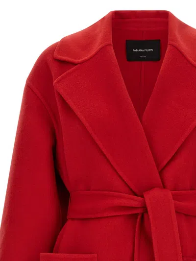 Fabiana Filippi Long Cashmere Wool Coat Belted At Waist In Red