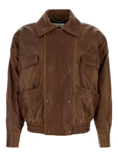 Saint Laurent Collared Bomber Jacket Featuring Elasticated Hem In Brown