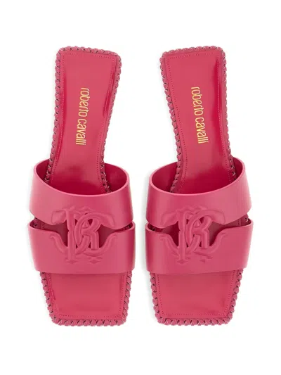 Roberto Cavalli Logo-embossed Braided-edge Sandals In Pink