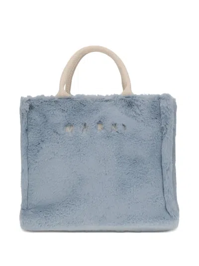 Marni Small Tote Bag With Faux Fur Trim In Blue