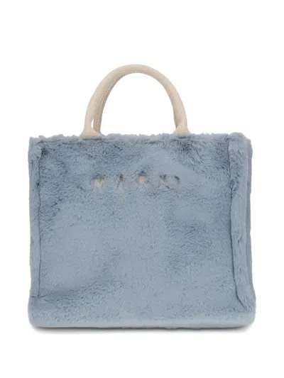 Marni Small Tote Bag With Faux Fur Trim In Blue