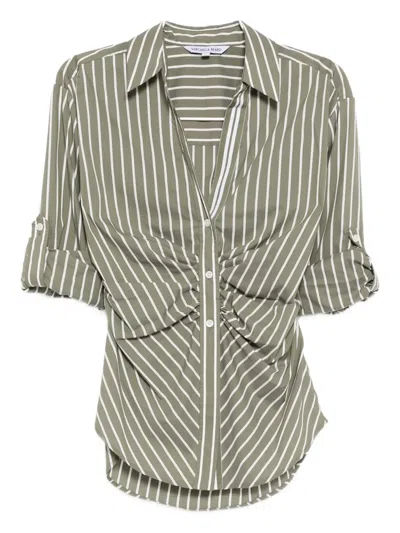 Veronica Beard Devra Stripe Ruched Cotton Blend Button-up Shirt In Green