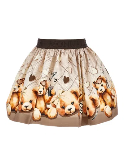 Monnalisa Beige Skirt With Elastic Waist With Logo Lettering And All-over Print In Cotton Stretch Girl In Brown