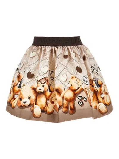 Monnalisa Beige Skirt With Elastic Waist With Logo Lettering And All-over Print In Cotton Stretch Girl In Brown