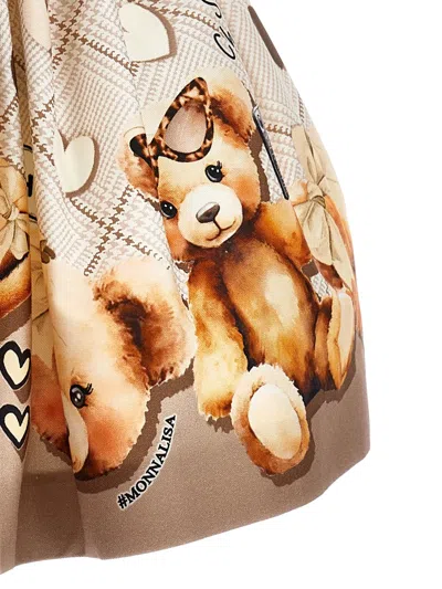 Monnalisa Beige Skirt With Elastic Waist With Logo Lettering And All-over Print In Cotton Stretch Girl In Brown