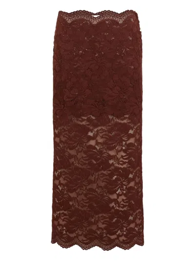Rabanne Floral Stretch-guipure Lace Midi Skirt In Brown