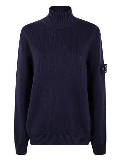 Stone Island Cotton Turtleneck Sweater With Ribbed Cuffs And Hem In Blue