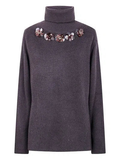 P.a.r.o.s.h Medium Knit Wool Sweater With Floral Embellishments In Gray