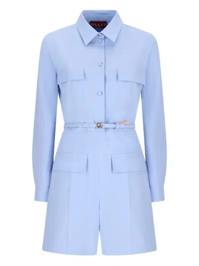 Gucci Cotton Jumpsuit With Pockets In Light Blue