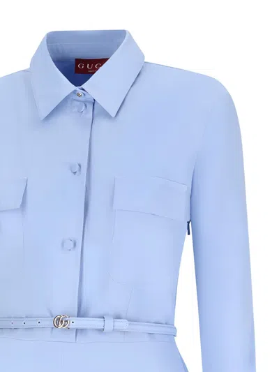 Gucci Cotton Jumpsuit With Pockets In Light Blue