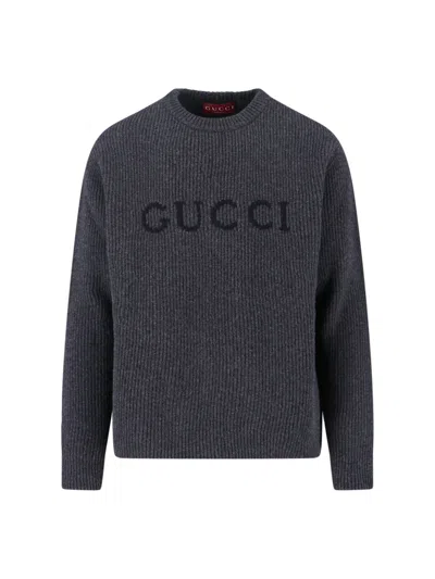 Gucci Grey Crewneck Sweater With Logo Lettering Embroidery On The Front In Wool Man In Gray