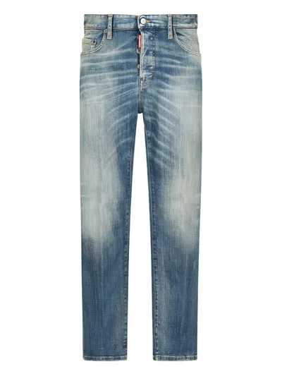 Dsquared2 Men Blue Jeans With Logo Patch On The Rear And Distressed Effect In Denim Man In Blue