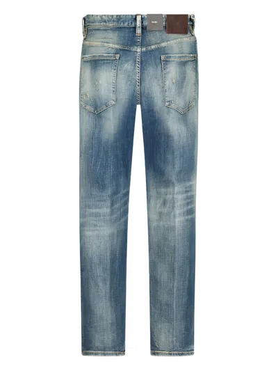 Dsquared2 Men Blue Jeans With Logo Patch On The Rear And Distressed Effect In Denim Man In Blue