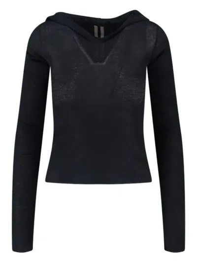 Rick Owens Hooded Top With Short Sleeves And Sheer Fabric In Black