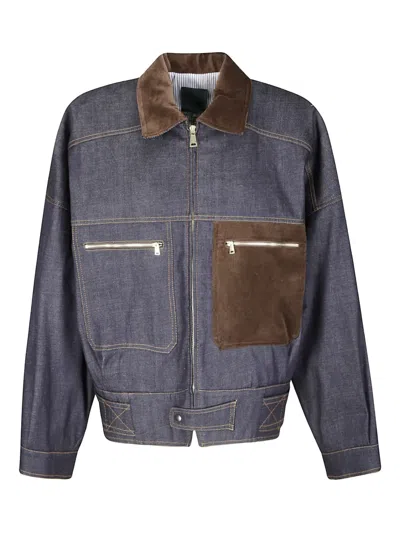 Jejia Structured Denim-effect Cotton Bomber With Suede Inserts In Blue