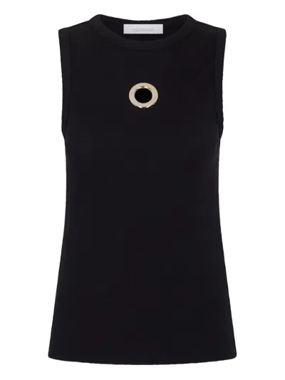 Rabanne Fitted Ribbed Tank Top With Metallic Logo Detail In Black