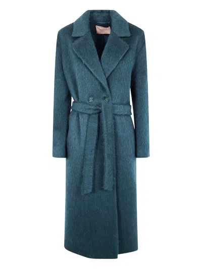 Twinset Belted Double-breasted Coat In Green