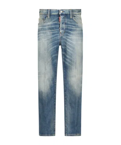Dsquared2 Men Blue Jeans With Logo Patch On The Rear And Distressed Effect In Denim Man In Blue