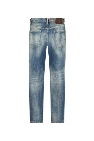 Dsquared2 Men Blue Jeans With Logo Patch On The Rear And Distressed Effect In Denim Man In Blue