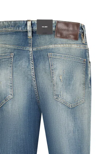 Dsquared2 Men Blue Jeans With Logo Patch On The Rear And Distressed Effect In Denim Man In Blue