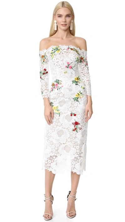Shop Monique Lhuillier Off The Shoulder Dress In Silk White Multi