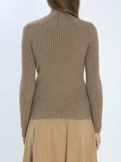Max Mara Ribbed Wool And Cachemire Turtleneck Sweater In Brown