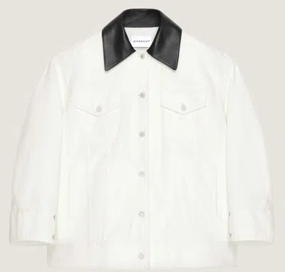 Givenchy Oversize Denim Trucker Jacket With Leather Collar In White