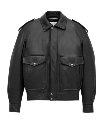 Saint Laurent Black Jacket With Removable Fur Collar In Leather Woman In Animal Print