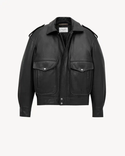 Saint Laurent Black Jacket With Removable Fur Collar In Leather Woman In Animal Print