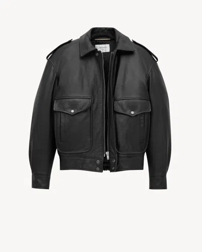 Saint Laurent Black Jacket With Removable Fur Collar In Leather Woman In Animal Print