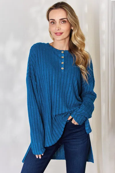 Truedames Full Size Ribbed Half Button Long Sleeve High-low T-shirt In Blue