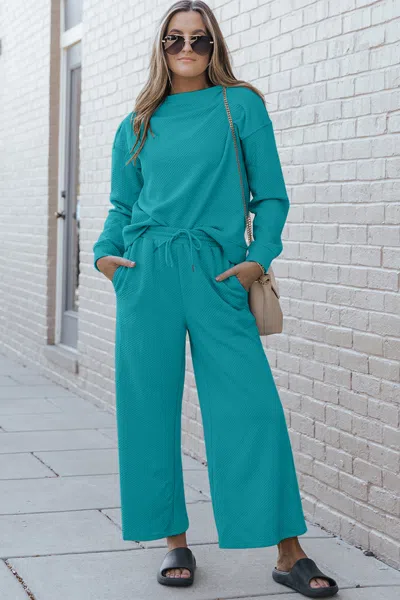 Truedames Full Size Textured Long Sleeve Top And Drawstring Pants Set In Blue