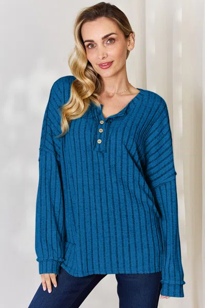 Truedames Full Size Ribbed Half Button Long Sleeve High-low T-shirt In Blue