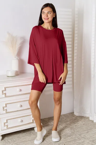 Truedames Full Size Soft Rayon Three-quarter Sleeve Top And Shorts Set In Red