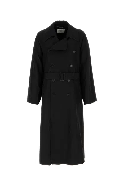 Saint Laurent Double-breasted Long Coat In Grain De Poudre In Black