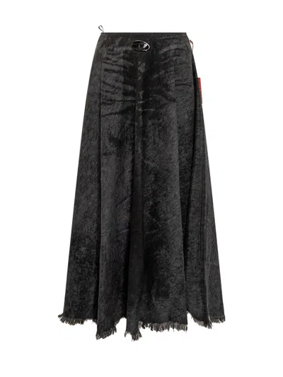 Diesel Full Skirt In Lasered Cotton-hemp Denim In Black