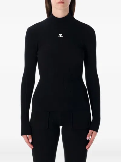 Courrèges Mockneck Rib Knit Sweater In Black
