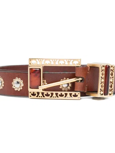 Golden Goose Belt With Amber Inserts Leather Body With Metallic Gold Flower Details Belts Brown In Brown