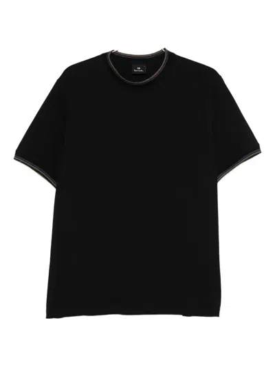 Ps By Paul Smith Black T-shirt With Striped Crew Neck Ps Paul Smith In Black