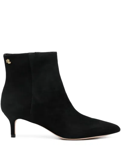 Ralph Lauren Mckay Black Suede Heeled Ankle Boots In Animal Print